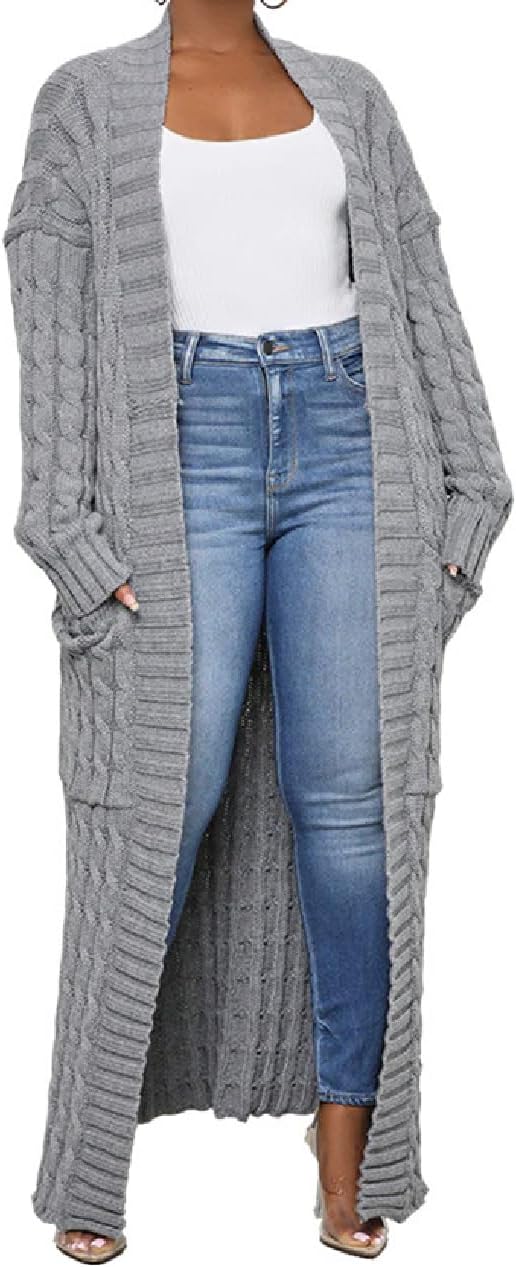Womens Thin Stylish Cable Knit Dual Extra Long Maxi Cardigan with 2-Pockets - Cardigan-gray