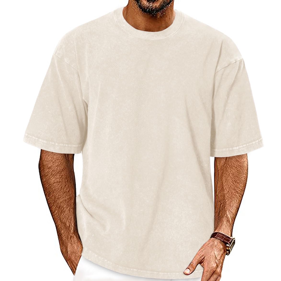 ADOREJOY Men Oversized Vintage Washed T-Shirt Short Sleeve Cotton Crewneck Tee - Plain Beige