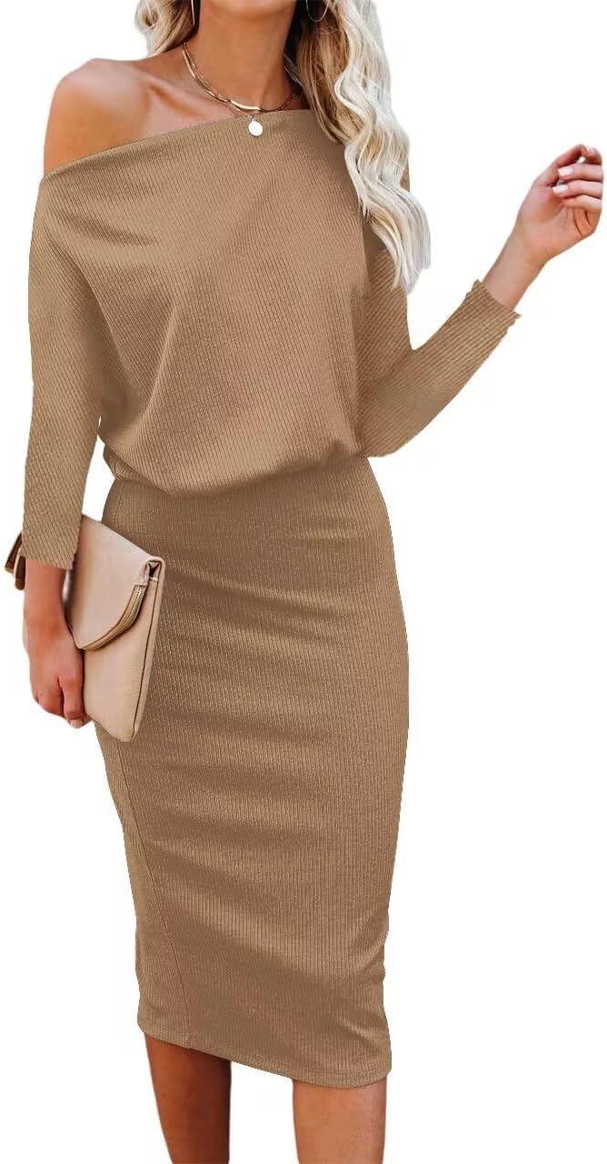 Ezbelle Women's Off The Shoulder Knit Bodycon Midi Dress - Brown