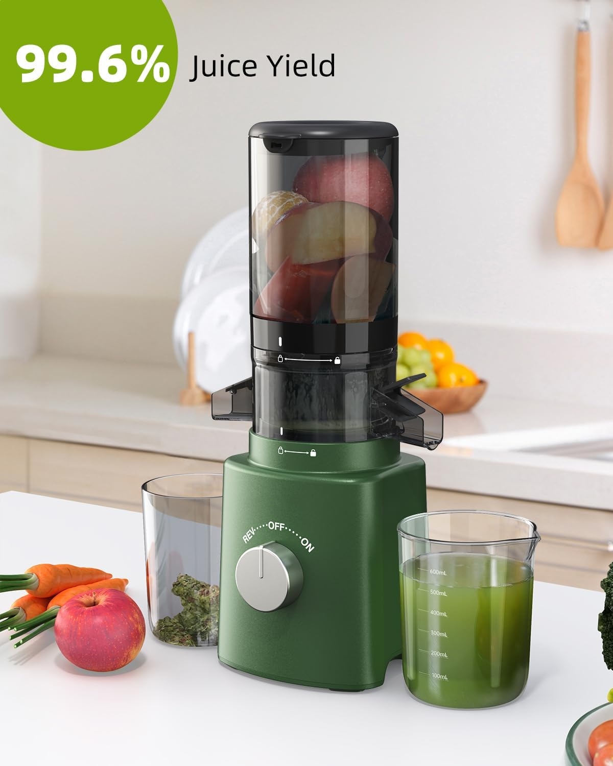 Cold Press Juicer with 8 Juice Bottles - Masticating Juicer Machines for Fruits and Veggies, 4.25" Large Feed Chute, Easy to Clean