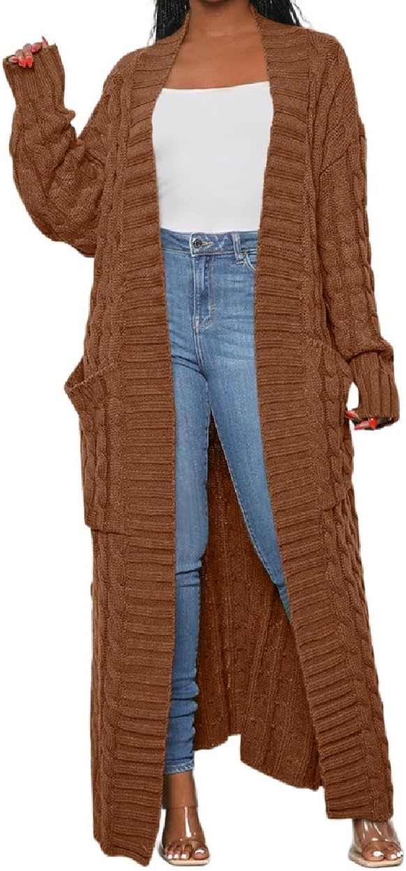 Womens Thin Stylish Cable Knit Dual Extra Long Maxi Cardigan with 2-Pockets - Cardigan-brown Yellow