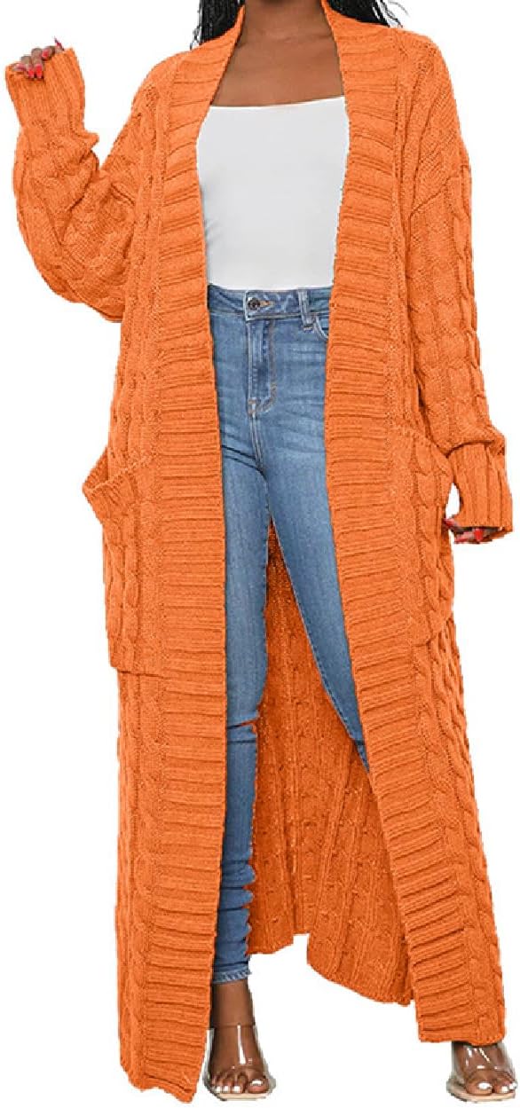 Womens Thin Stylish Cable Knit Dual Extra Long Maxi Cardigan with 2-Pockets - Cardigan-orange