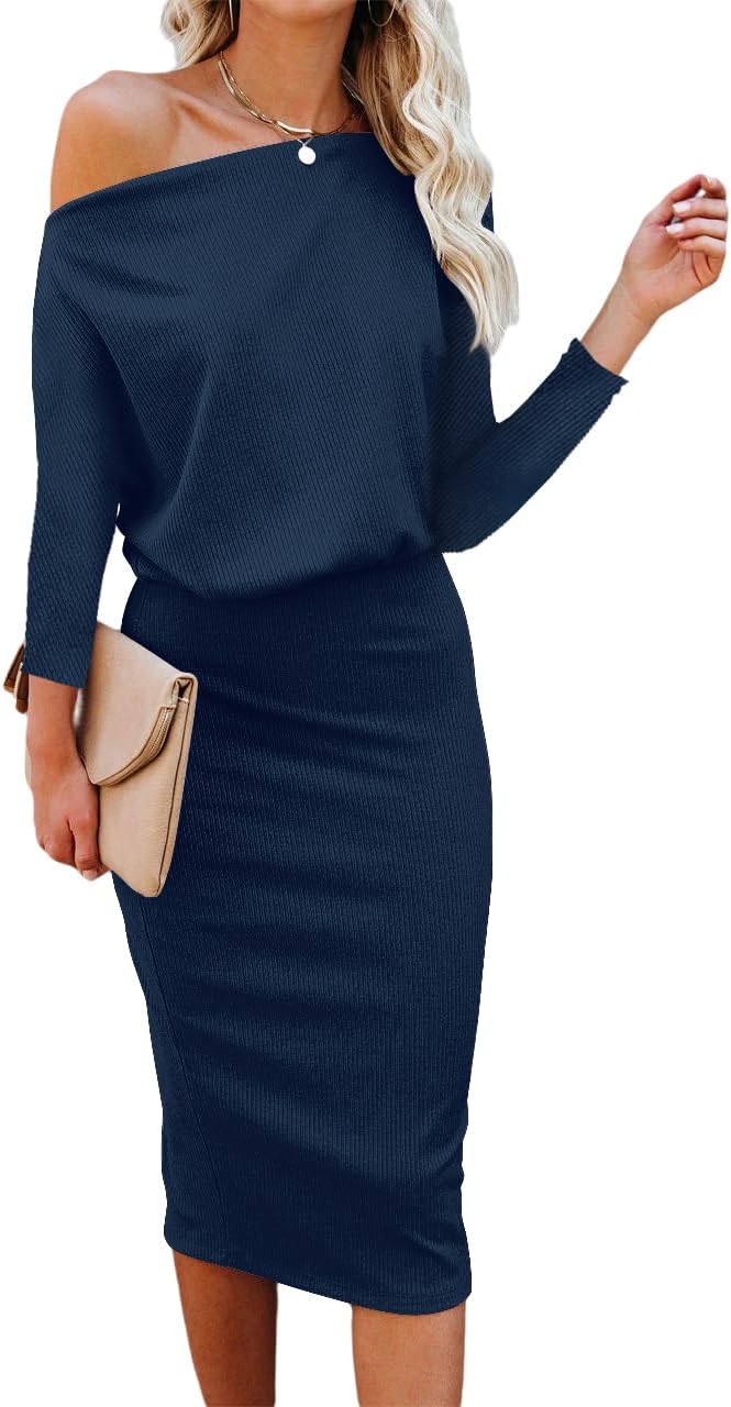 Ezbelle Women's Off The Shoulder Knit Bodycon Midi Dress - Navy Blue