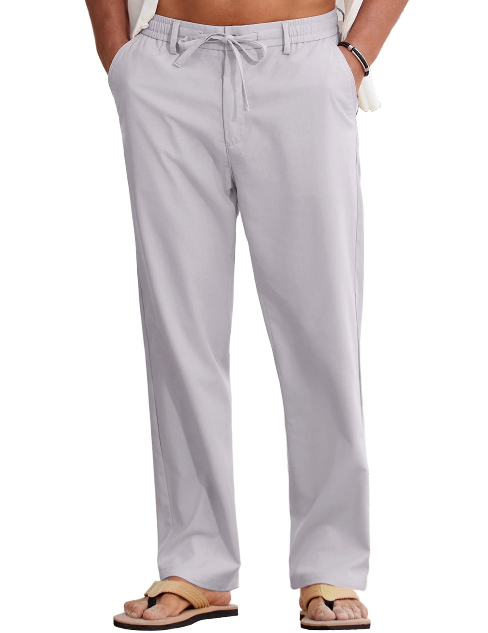 COOFANDY Men Cotton Linen Drawstring Pants Casual Lightweight Summer Beach Pants - Light Grey