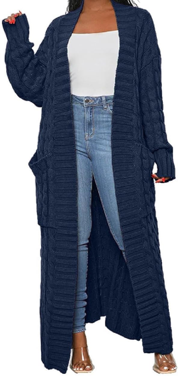 Womens Thin Stylish Cable Knit Dual Extra Long Maxi Cardigan with 2-Pockets - Cardigan-deep Blue
