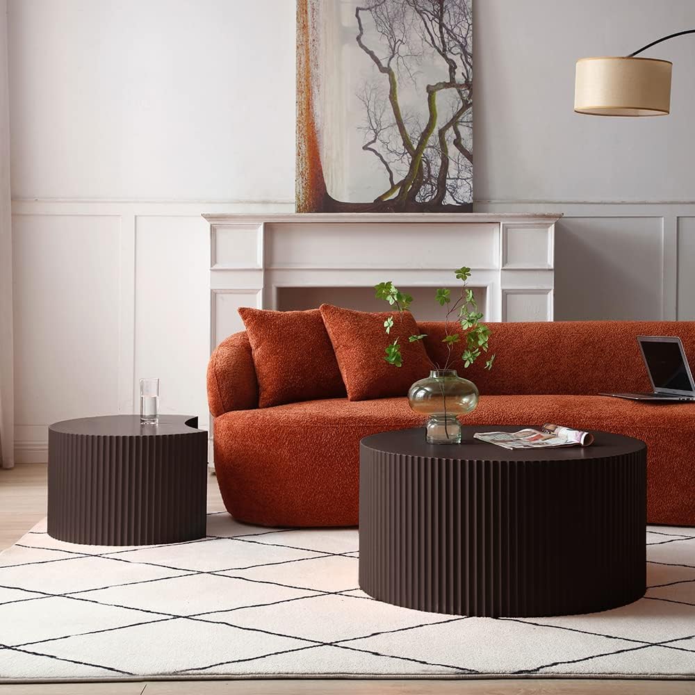 Nesting Coffee Table Set of 2, Round & Crescent Moon Wooden Coffee Tables, Modern Luxury Accent End Tea Table for Living Room Apartment (Black-Round)