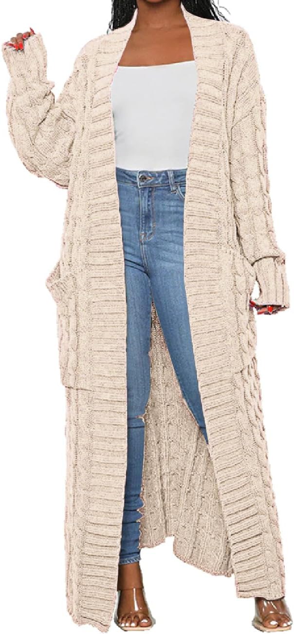 Womens Thin Stylish Cable Knit Dual Extra Long Maxi Cardigan with 2-Pockets - Cardigan-cream White