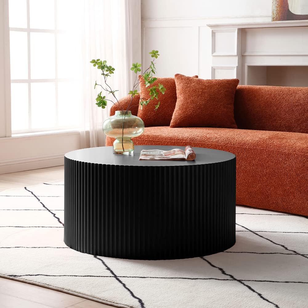 Nesting Coffee Table Set of 2, Round & Crescent Moon Wooden Coffee Tables, Modern Luxury Accent End Tea Table for Living Room Apartment (Black-Round)