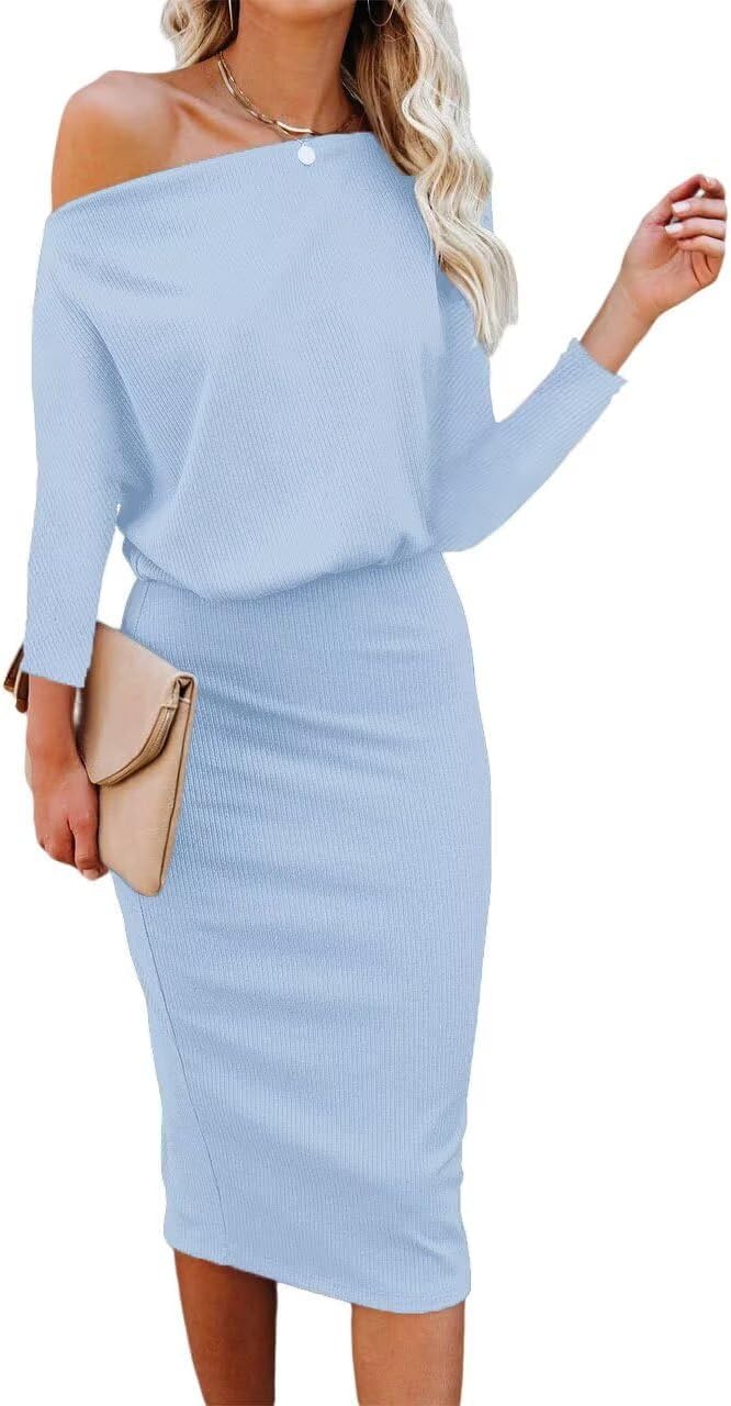 Ezbelle Women's Off The Shoulder Knit Bodycon Midi Dress - Lightblue