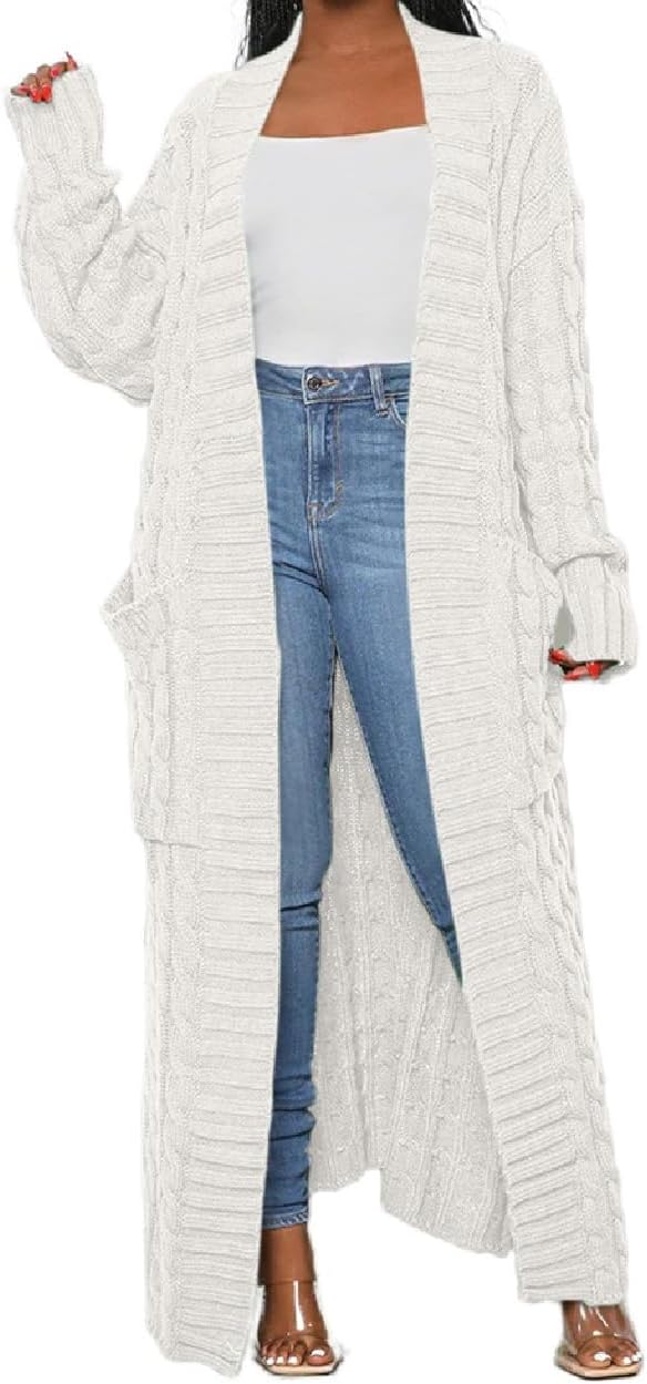 Womens Thin Stylish Cable Knit Dual Extra Long Maxi Cardigan with 2-Pockets - Cardigan-pure White