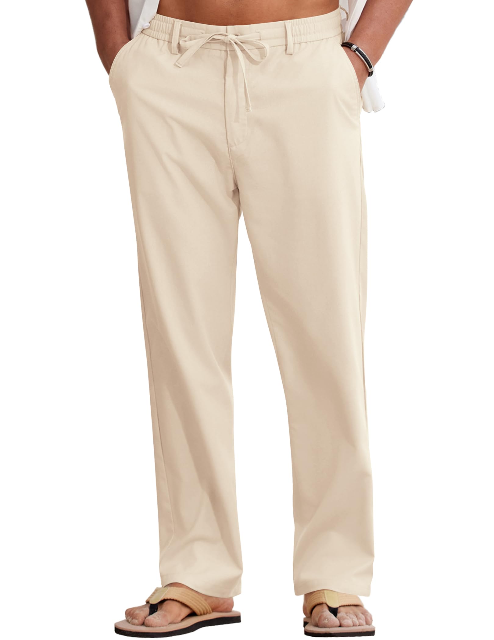COOFANDY Men Cotton Linen Drawstring Pants Casual Lightweight Summer Beach Pants - Beige