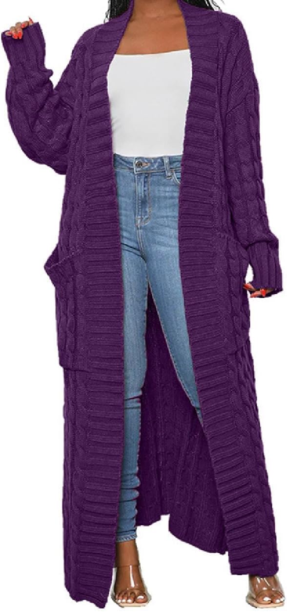 Womens Thin Stylish Cable Knit Dual Extra Long Maxi Cardigan with 2-Pockets - Cardigan-purple