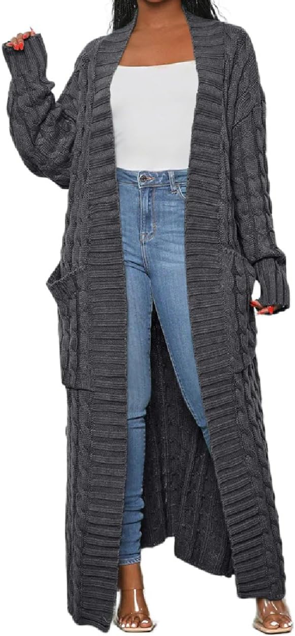Womens Thin Stylish Cable Knit Dual Extra Long Maxi Cardigan with 2-Pockets - Cardigan-dark Gray