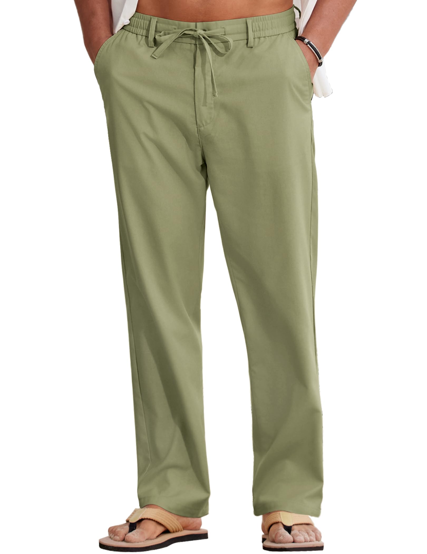 COOFANDY Men Cotton Linen Drawstring Pants Casual Lightweight Summer Beach Pants - Artichoke Green