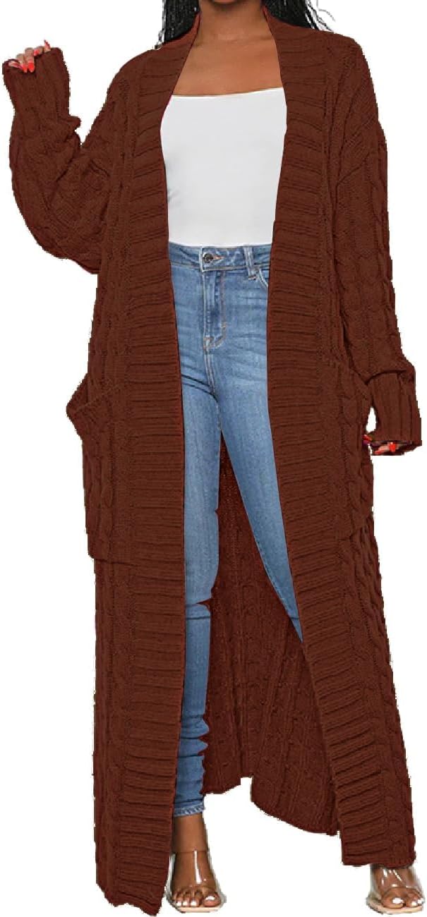 Womens Thin Stylish Cable Knit Dual Extra Long Maxi Cardigan with 2-Pockets - Black
