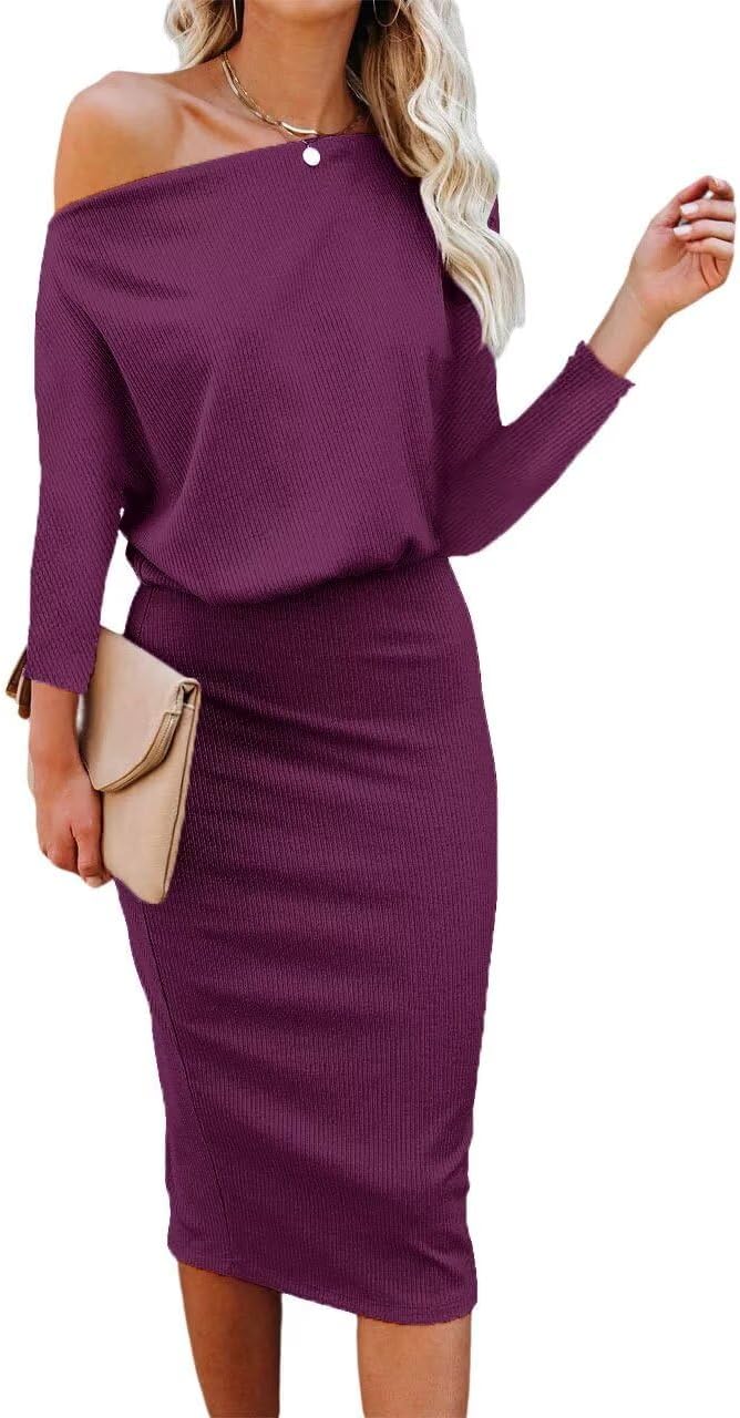 Ezbelle Women's Off The Shoulder Knit Bodycon Midi Dress - Purple