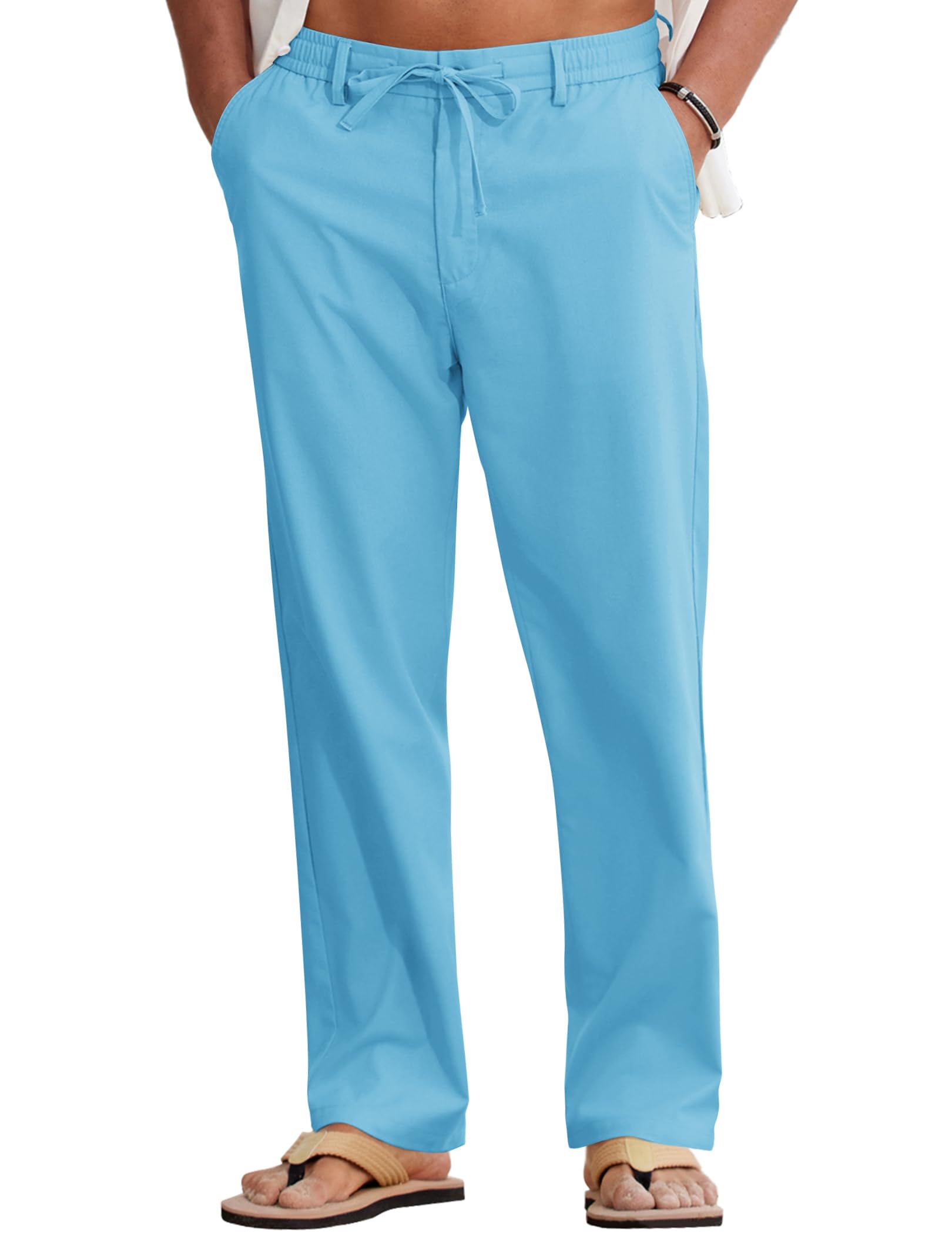COOFANDY Men Cotton Linen Drawstring Pants Casual Lightweight Summer Beach Pants - Sky Blue