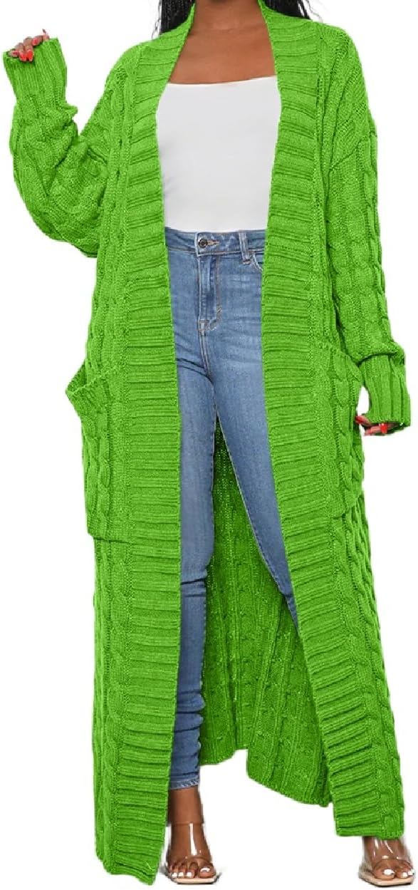 Womens Thin Stylish Cable Knit Dual Extra Long Maxi Cardigan with 2-Pockets - Cardigan-light Green