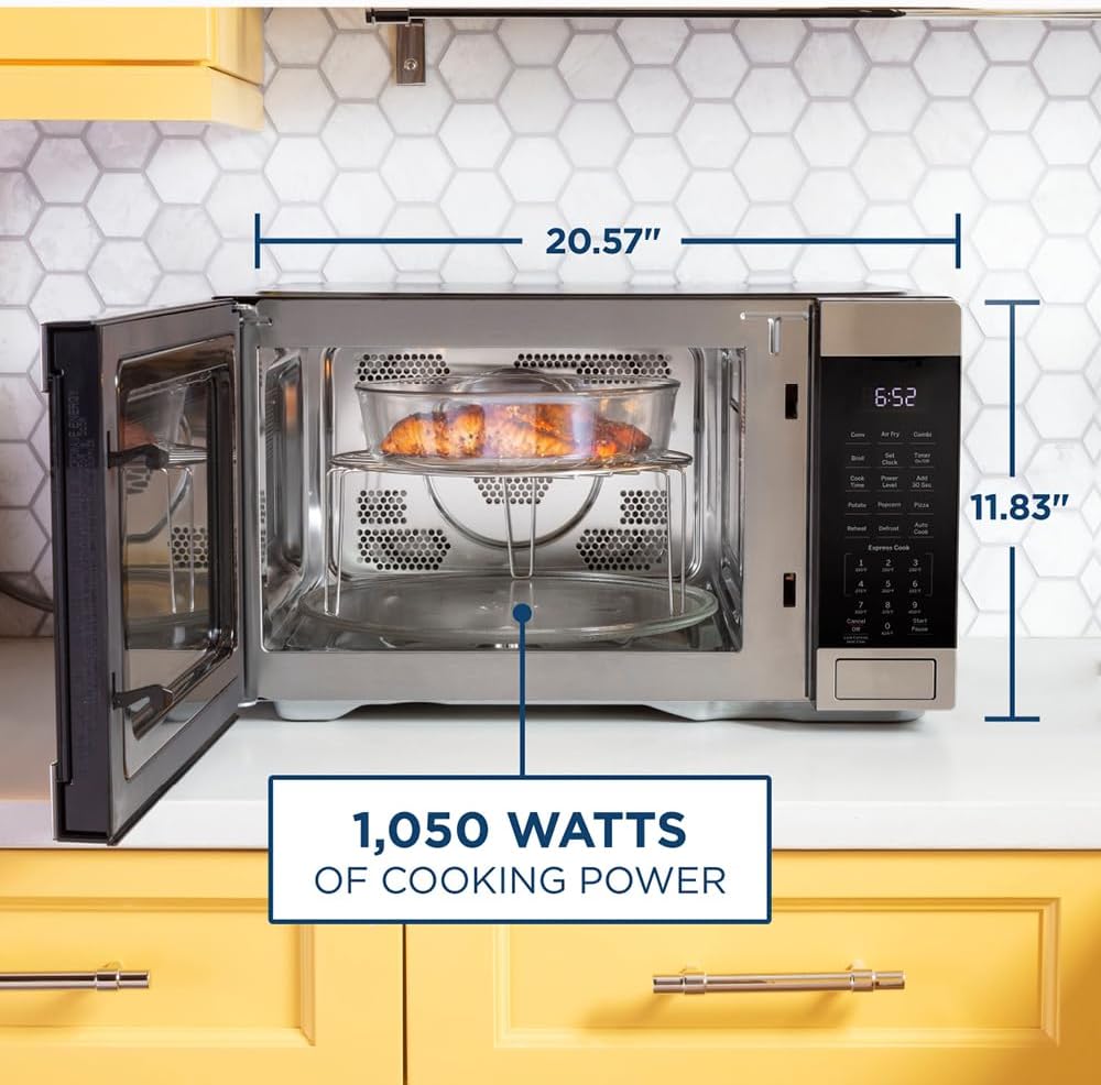 GCST10A1WSS 4-in-1 Microwave Oven, 1,050 Watts Air Fryer, Broiler & Convection Mode, Child-Lock Technology, Kitchen Essentials for The Countertop or Dorm Room, 1.0 Cu. Ft, Stainless Steel