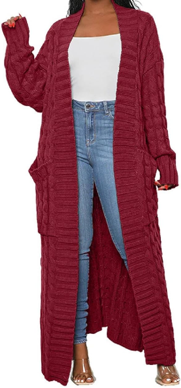 Womens Thin Stylish Cable Knit Dual Extra Long Maxi Cardigan with 2-Pockets - Cardigan-wine Red