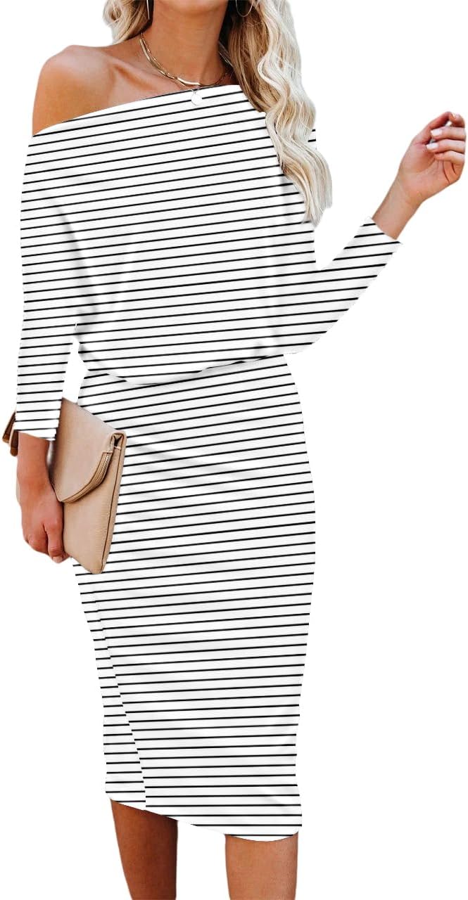 Ezbelle Women's Off The Shoulder Knit Bodycon Midi Dress - Striped White