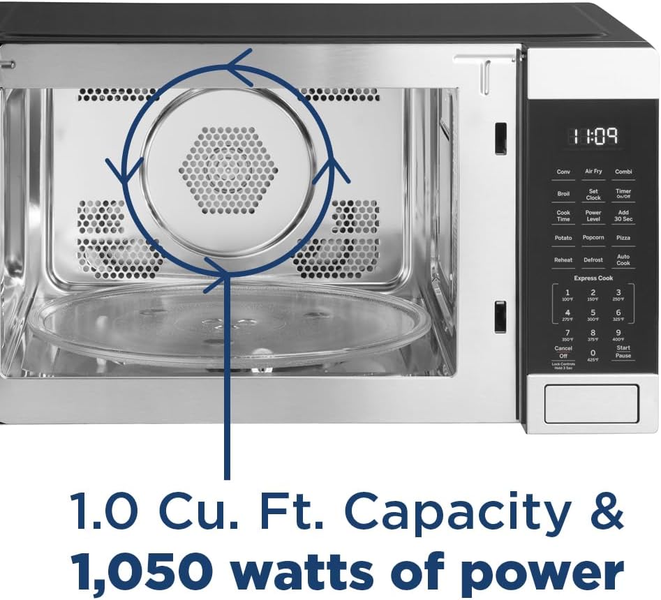 GCST10A1WSS 4-in-1 Microwave Oven, 1,050 Watts Air Fryer, Broiler & Convection Mode, Child-Lock Technology, Kitchen Essentials for The Countertop or Dorm Room, 1.0 Cu. Ft, Stainless Steel