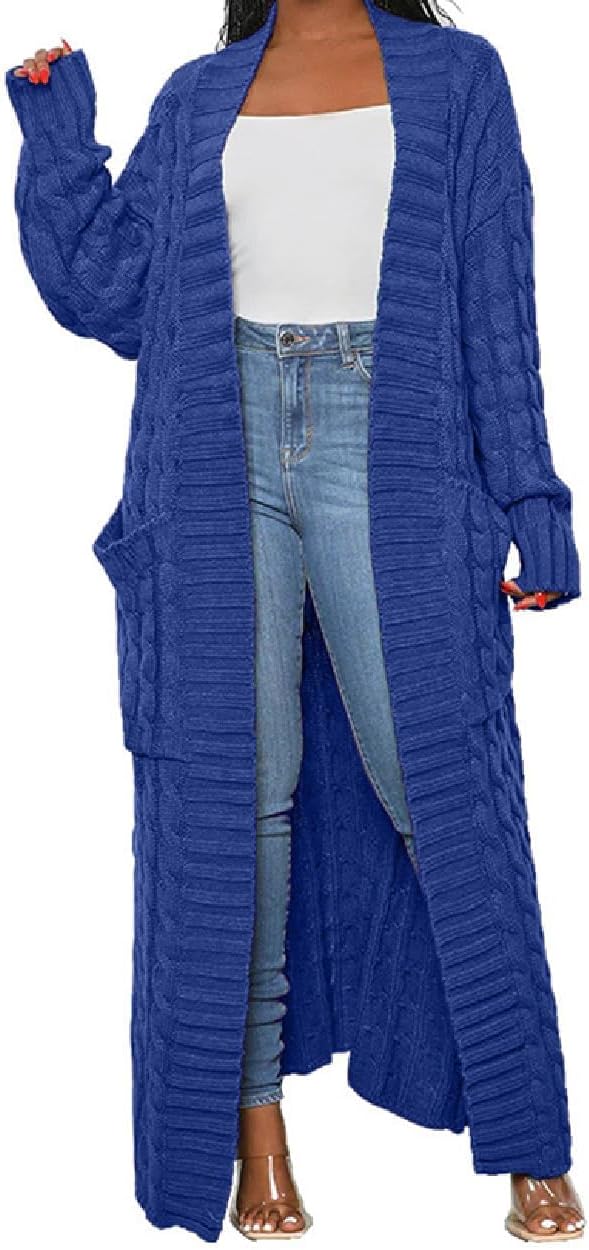 Womens Thin Stylish Cable Knit Dual Extra Long Maxi Cardigan with 2-Pockets - Cardigan-royal Blue