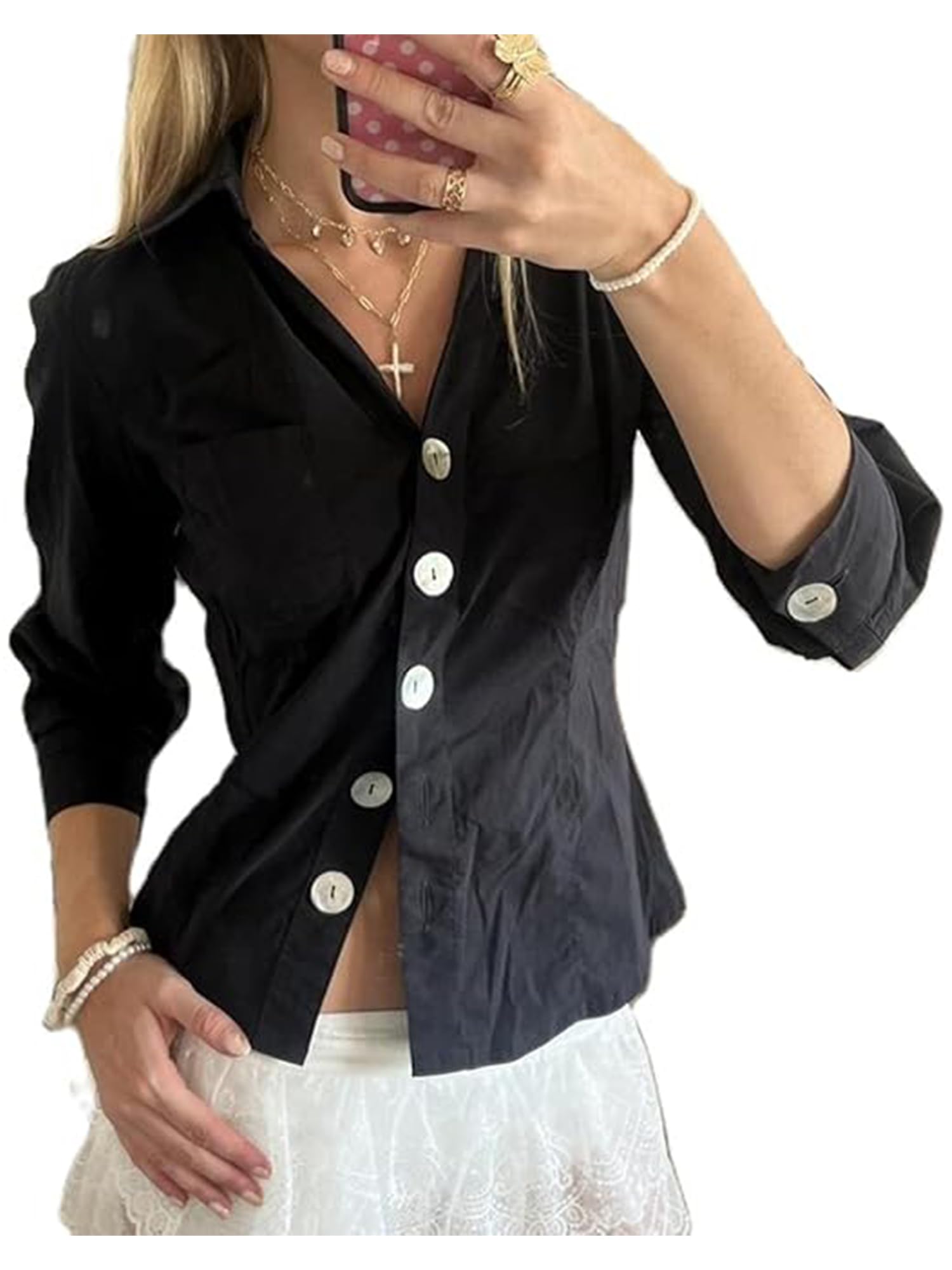 Women's Basic Button Down Shirts Long Sleeve V Neck Lapel Collar Tight Blouse Slim Fit Tops Casual Office Shirt - B-black2