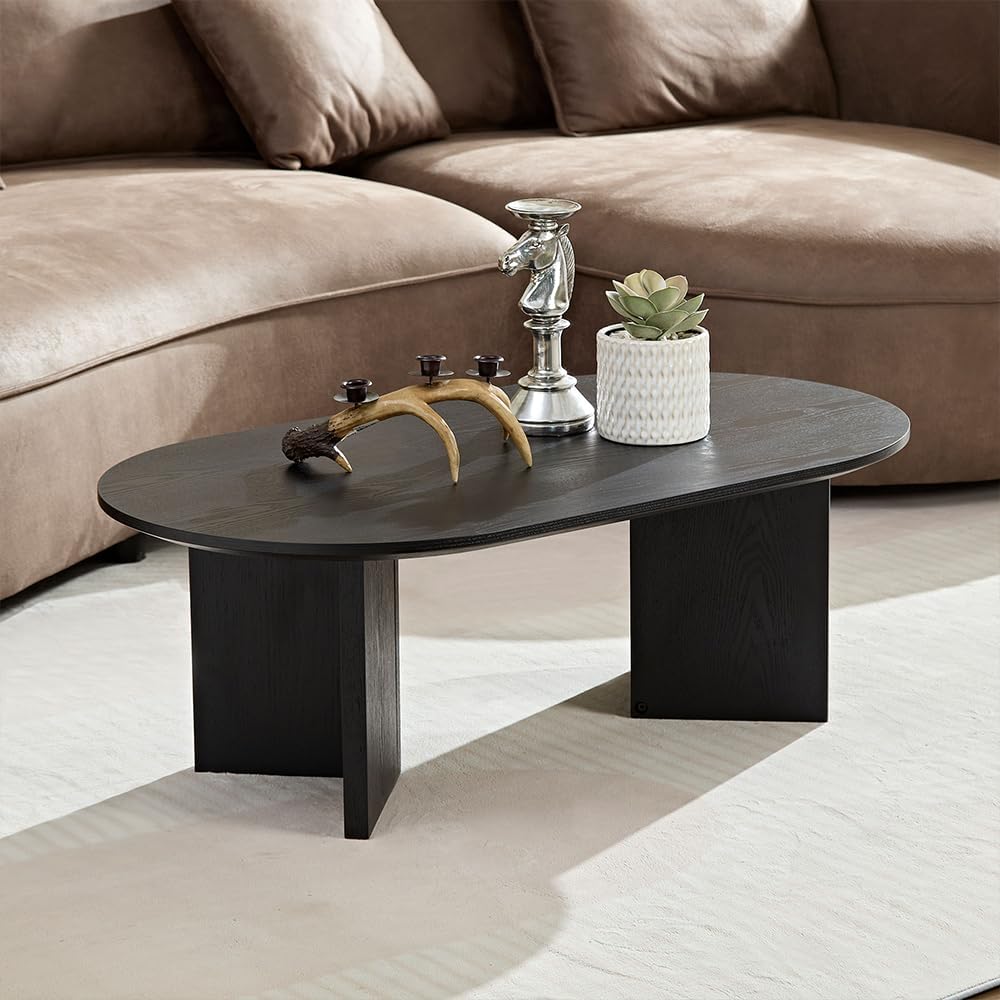 Nesting Coffee Table Set of 2, Round & Crescent Moon Wooden Coffee Tables, Modern Luxury Accent End Tea Table for Living Room Apartment (Black-Round)