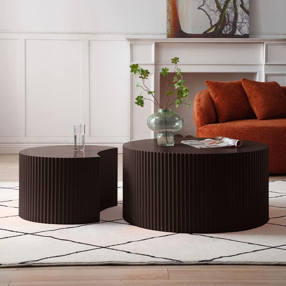 Nesting Coffee Table Set of 2, Round & Crescent Moon Wooden Coffee Tables, Modern Luxury Accent End Tea Table for Living Room Apartment (Black-Round)