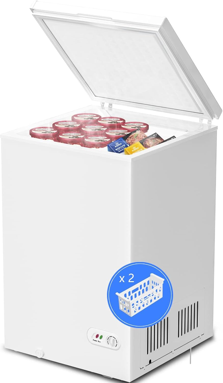 Kismile 3.5 Cubic Feet Chest Freezer with 2 Removable Baskets Free Standing Top Open Door Compact Freezer with Adjustable Temperature for Home/Kitchen/Office/Bar (3.5 Cubic Feet, Black)