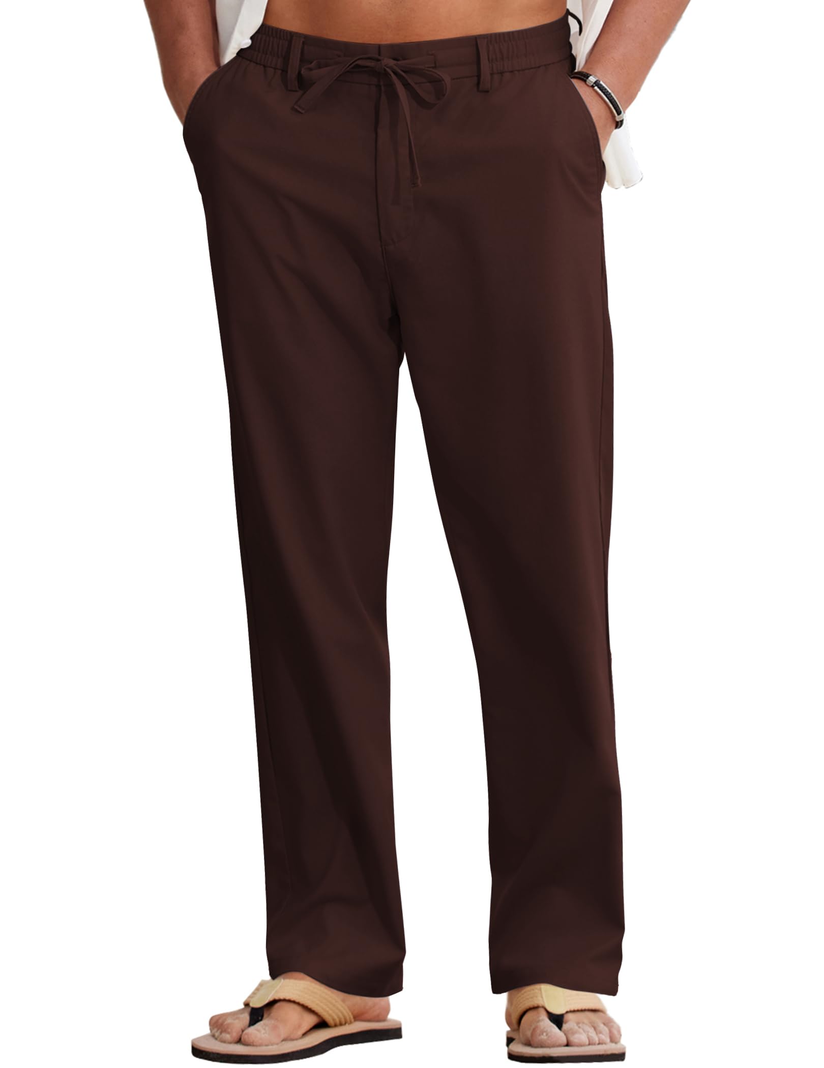 COOFANDY Men Cotton Linen Drawstring Pants Casual Lightweight Summer Beach Pants - Brown