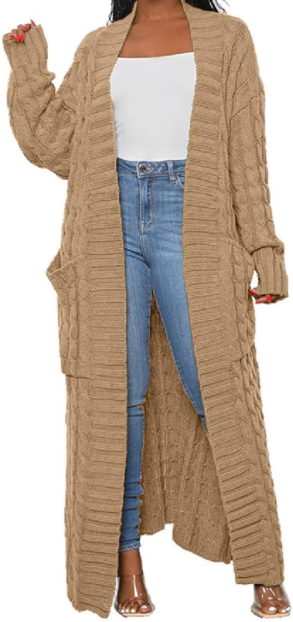 Womens Thin Stylish Cable Knit Dual Extra Long Maxi Cardigan with 2-Pockets - Cardigan-khaki
