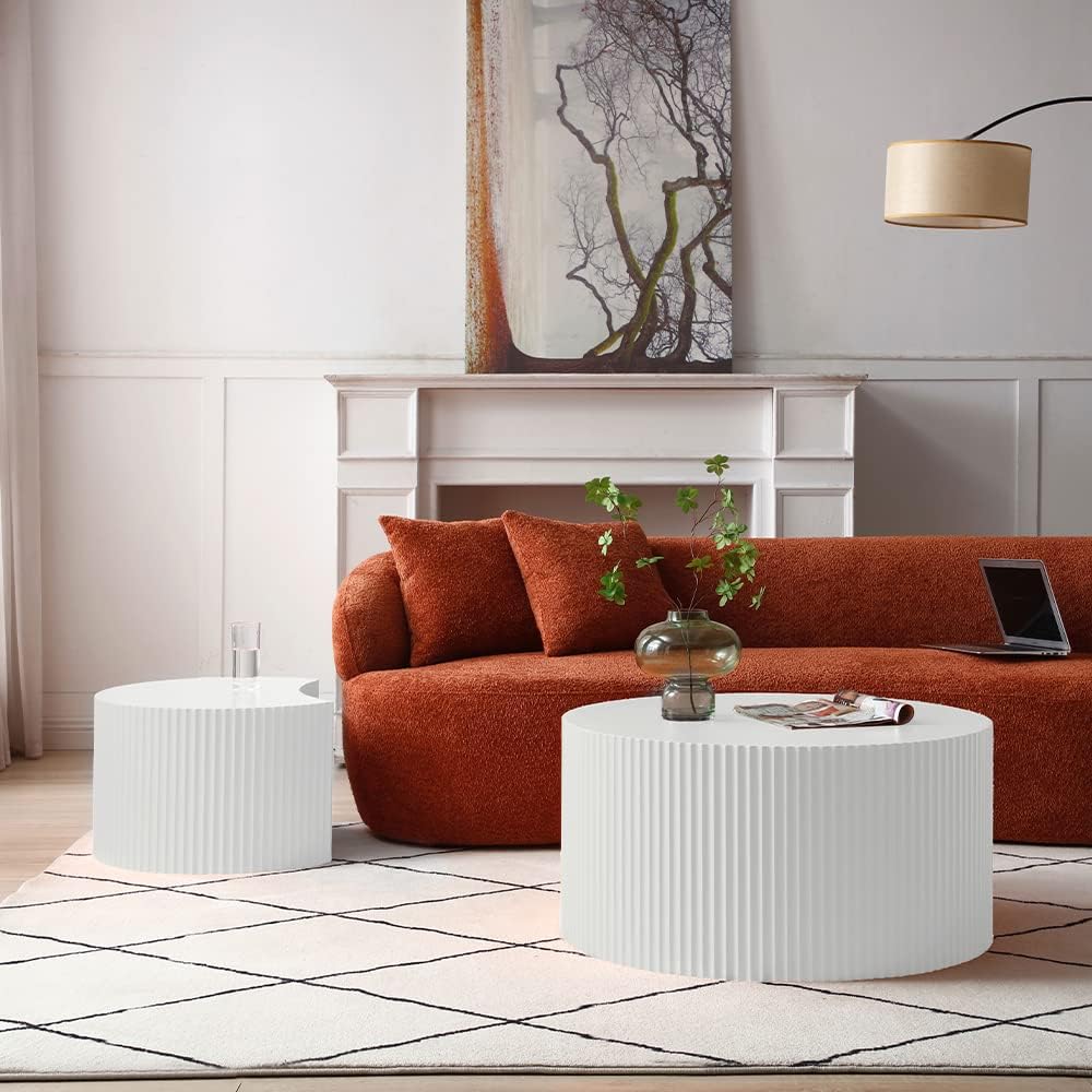 Nesting Coffee Table Set of 2, Round & Crescent Moon Wooden Coffee Tables, Modern Luxury Accent End Tea Table for Living Room Apartment (Black-Round)