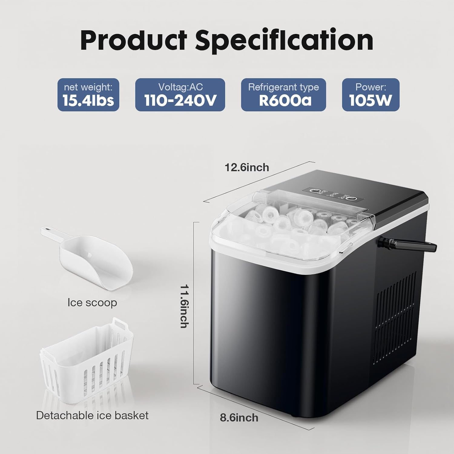 Sweetcrispy Countertop Ice Maker, Portable Ice Machine Self-Cleaning, 9 Cubes in 6 Mins, 26 lbs/24Hrs, 2 Sizes of Bullet Ice for Home Party Office,Elegant Black