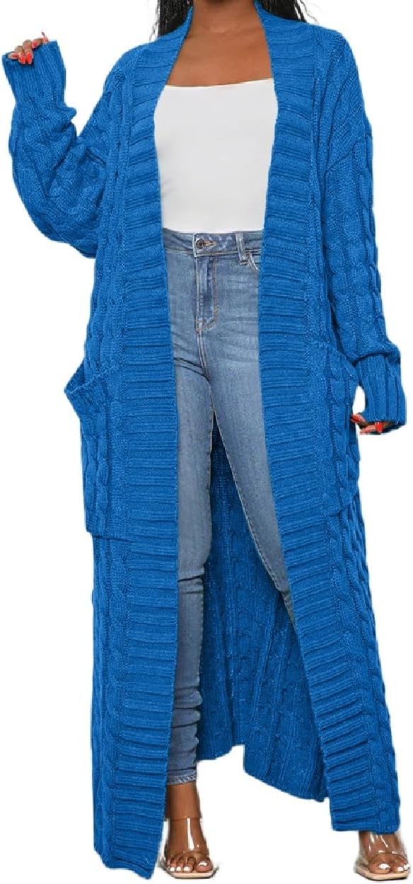 Womens Thin Stylish Cable Knit Dual Extra Long Maxi Cardigan with 2-Pockets - Cardigan-sea Blue