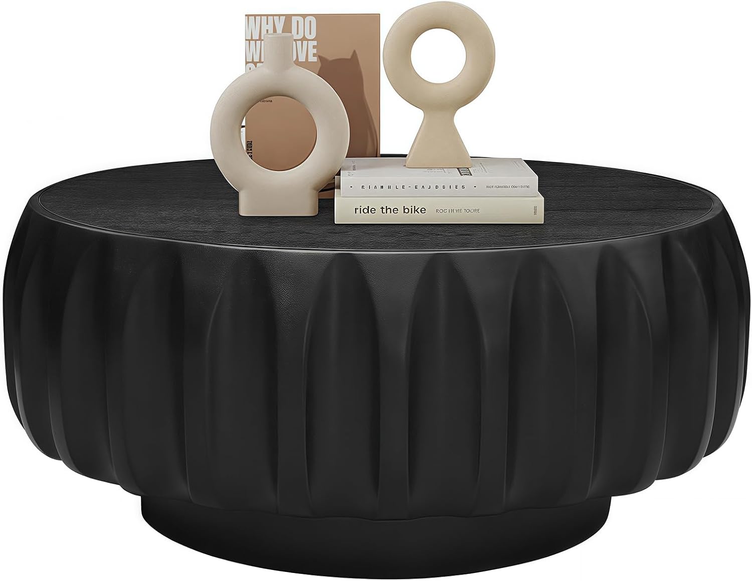 Nesting Coffee Table Set of 2, Round & Crescent Moon Wooden Coffee Tables, Modern Luxury Accent End Tea Table for Living Room Apartment (Black-Round)