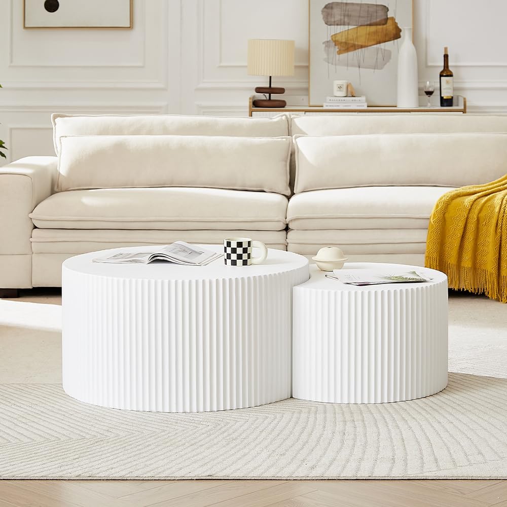 Nesting Coffee Table Set of 2, Round & Crescent Moon Wooden Coffee Tables, Modern Luxury Accent End Tea Table for Living Room Apartment (Black-Round)