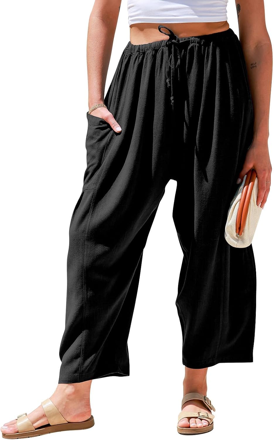 Womens Linen Wide Leg Pants Casual Loose Drawstring Low Waist Beach Palazzo Harem Pants with Pockets