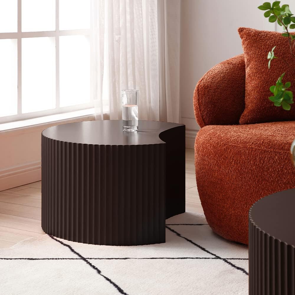Nesting Coffee Table Set of 2, Round & Crescent Moon Wooden Coffee Tables, Modern Luxury Accent End Tea Table for Living Room Apartment (Black-Round)