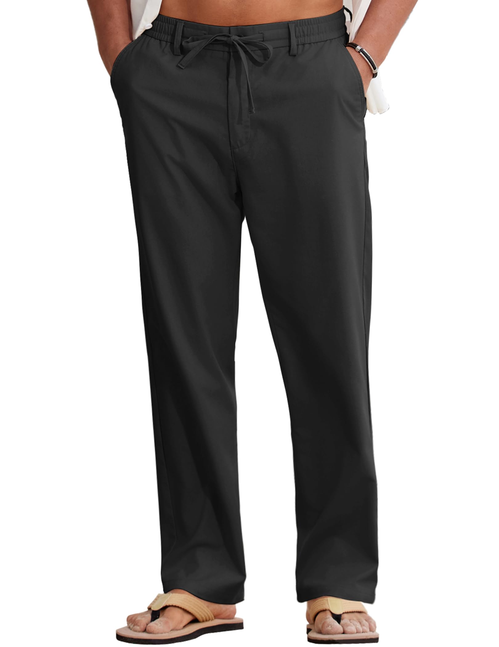 COOFANDY Men Cotton Linen Drawstring Pants Casual Lightweight Summer Beach Pants - Black