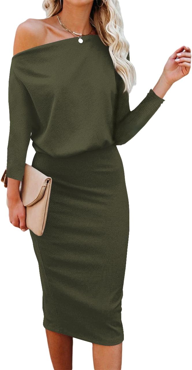 Ezbelle Women's Off The Shoulder Knit Bodycon Midi Dress - Army Green