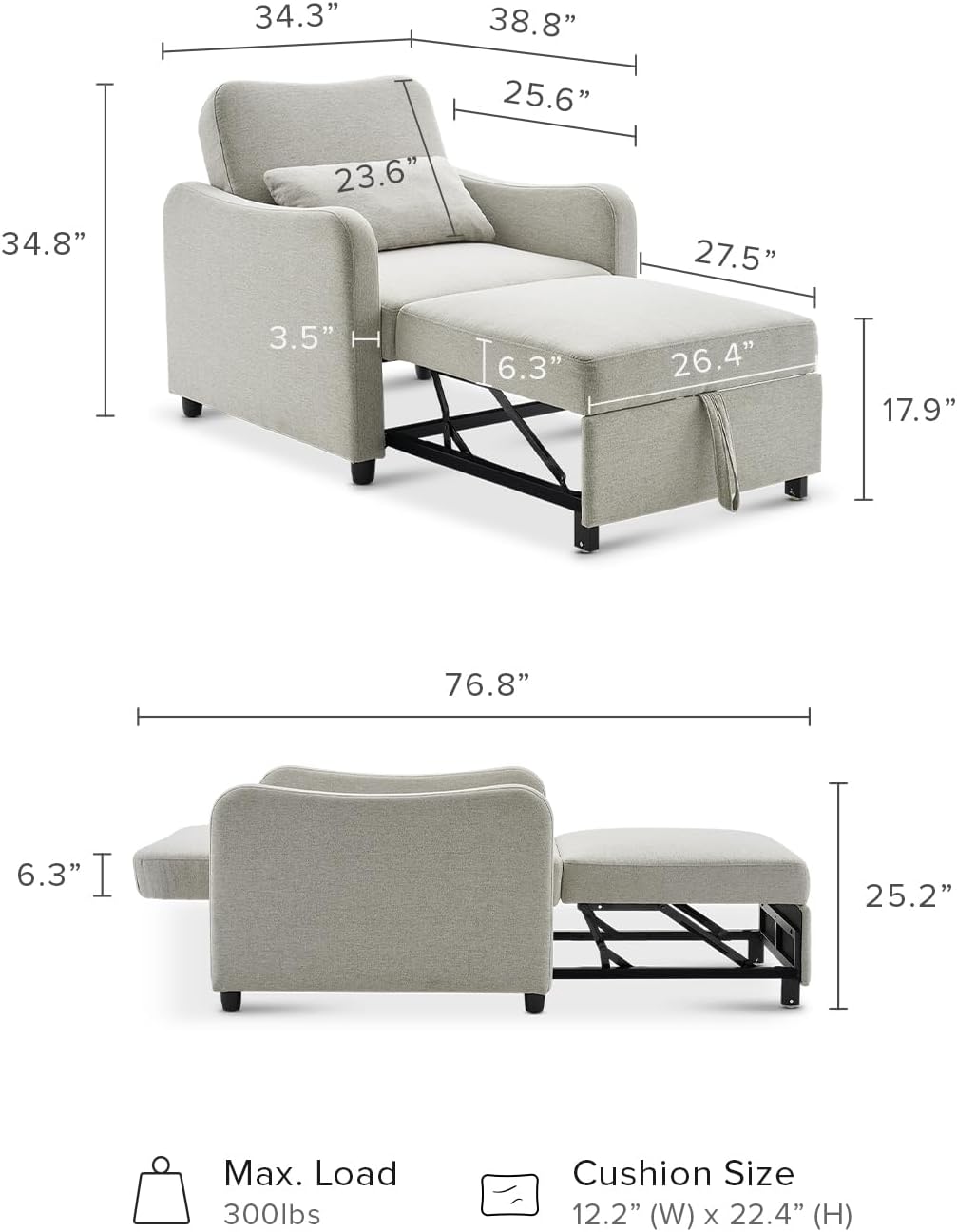 mopio Sophie 4-in-1 Convertible Sleeper Chair Bed, Accent Chair, Chaise Lounge, Comfy Reading Armchair, Pull Out Sofa Bed with Adjustable Backrest for Living Room, Bedroom (Pearl White Boucle)