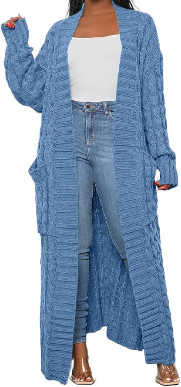 Womens Thin Stylish Cable Knit Dual Extra Long Maxi Cardigan with 2-Pockets - Cardigan-lake Blue