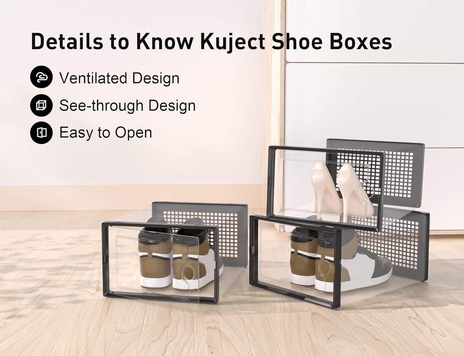 Large Shoe Storage Boxes Organizers Clear Plastic Stackable 12 Pack, Shoe Rack & Holder Substitute, Sneaker Containers, Toy Storage Organizer Bins for Entryway, Closet, Under Bed, Black