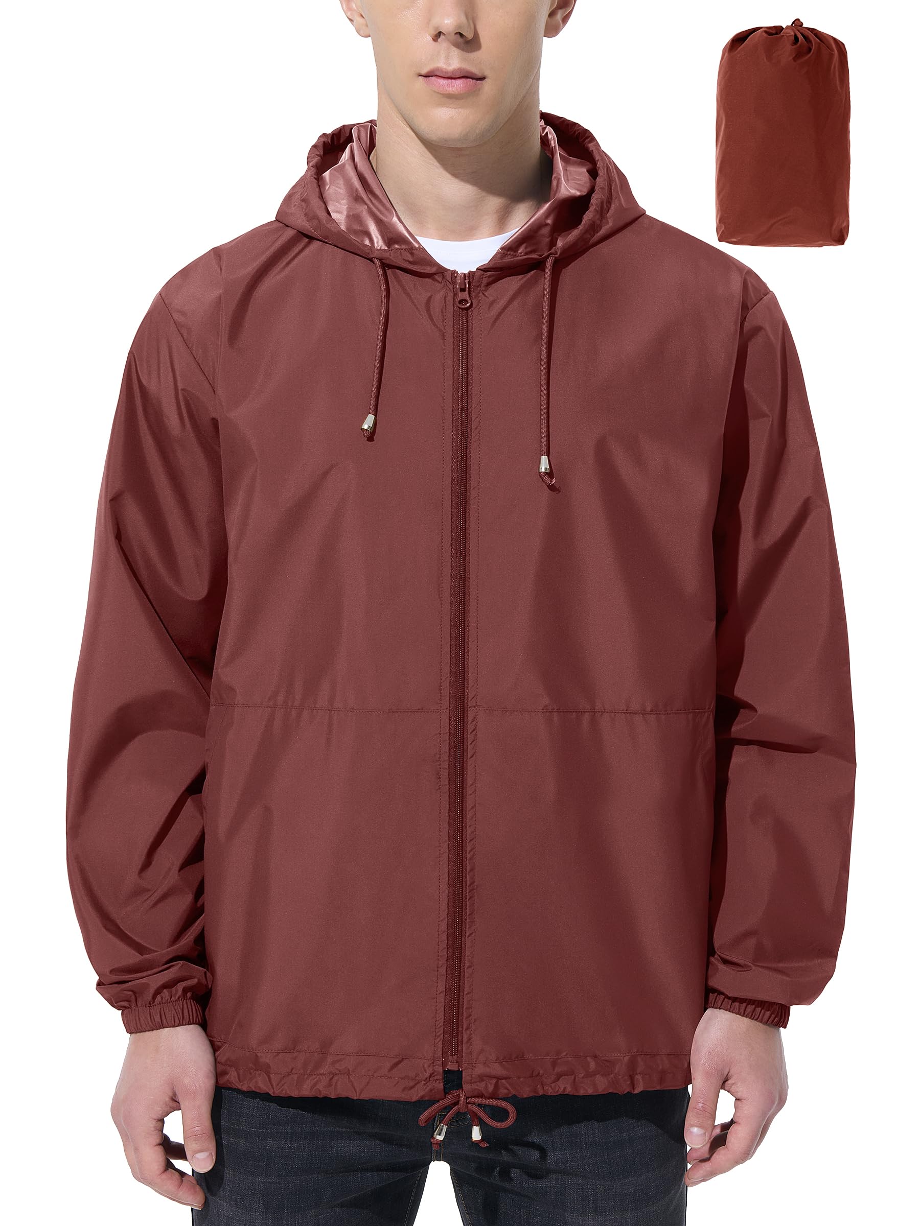 UIQUR Men Waterproof Raincoat Windbreaker Lightweight Packable Rain Jacket - Red
