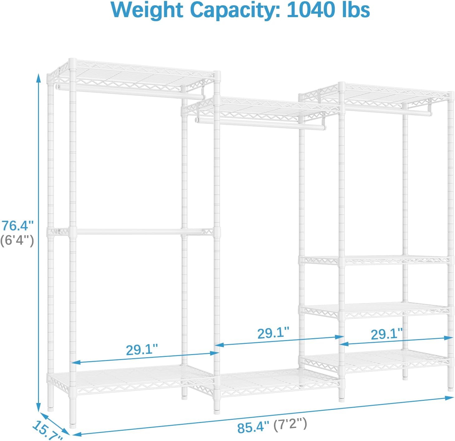 Portable Closet Wardrobe Heavy Duty Clothes Rack, with 4 Hang Rods & 8 Shelves, Adjustable Closet Racks, 68.9" L x 15.7" W x 76.4" H, Max Load 890LBS, Black