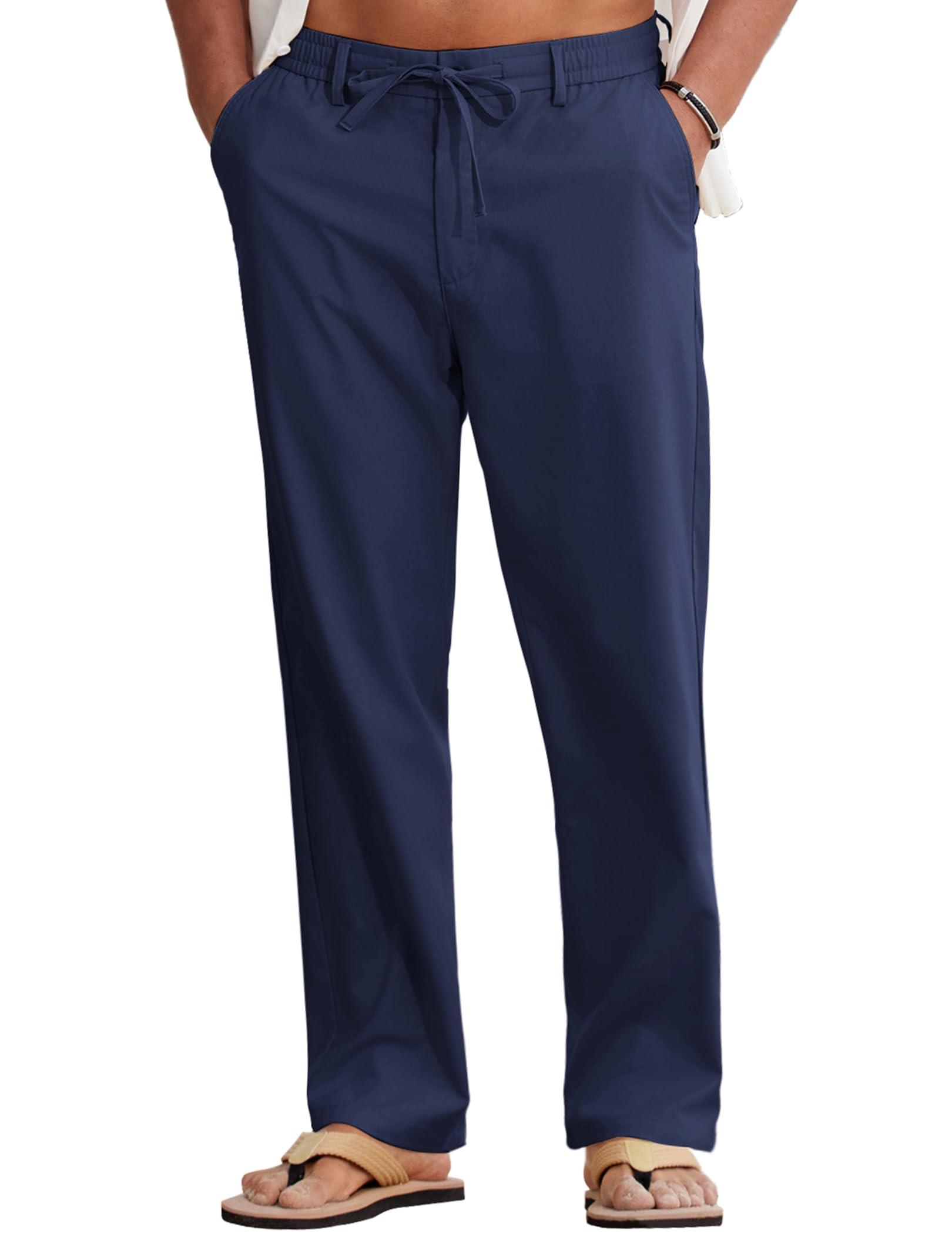 COOFANDY Men Cotton Linen Drawstring Pants Casual Lightweight Summer Beach Pants - Navy Blue