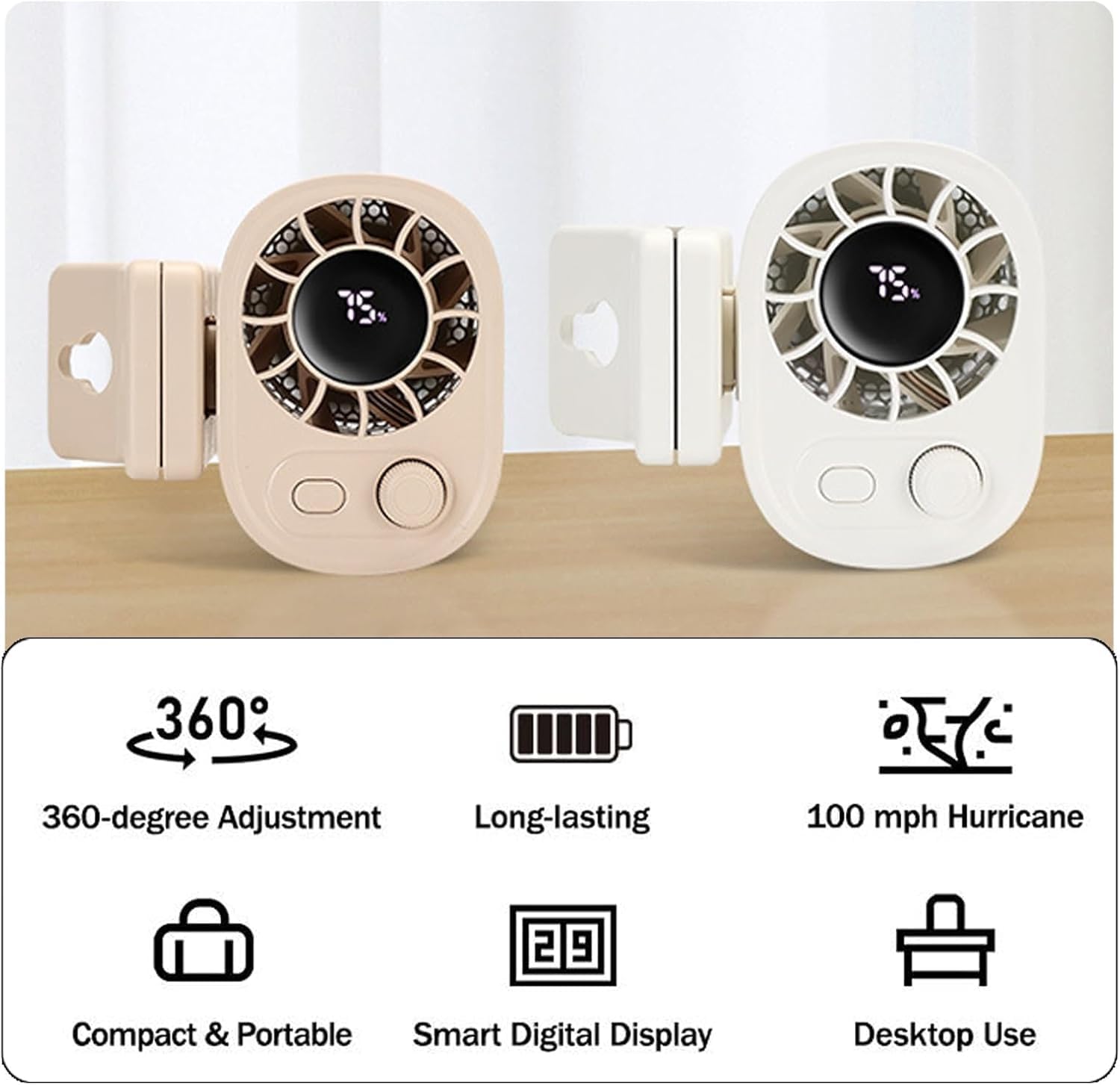 Joytutu Car Clip on Fan with LED Display - 360° Rotation, 100 Speeds Adjustable, USB Rechargeable Personal Cooling Fan 1800mah Battery, Portable Car Fans for Instant Summer Cooling (A*2PCS)