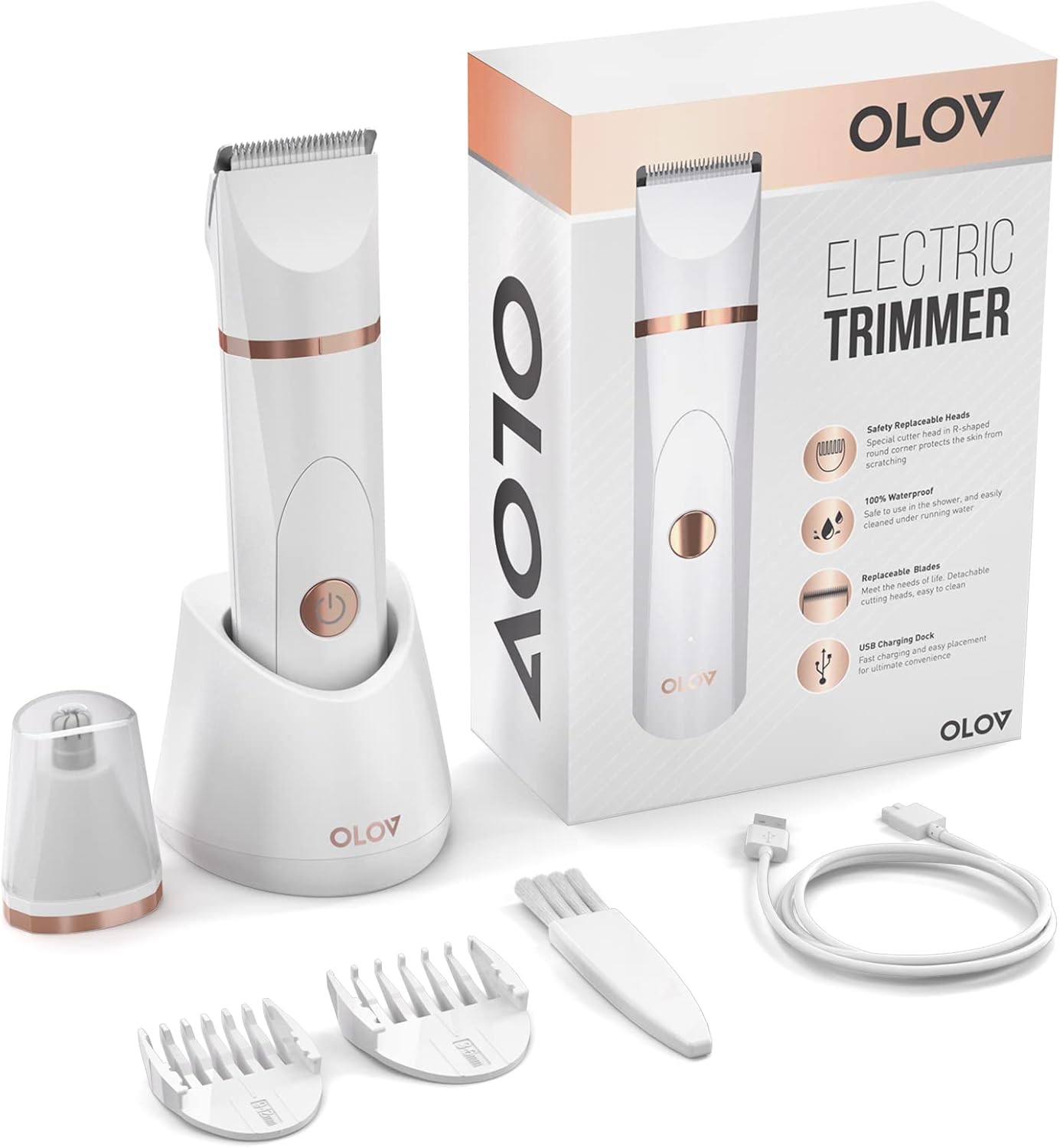 OLOV Electric Body Hair Trimmer - Groin Trimmer for Men - Bikini Trimmer Women - Wet/Dry Shaver Groomer, Replaceable Ceramic Blade Heads, USB Recharge Dock, Waterproof Hygiene Razor,Purple